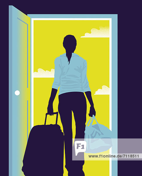 Teenage girl with suitcase leaving home through door