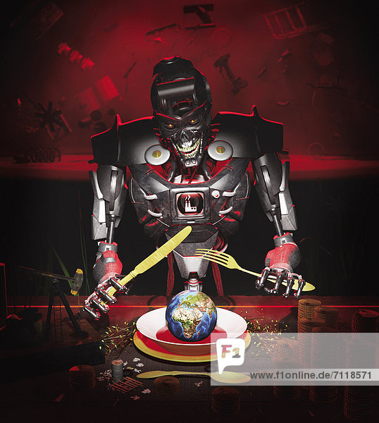 Teufels-Roboter isst einen Globus