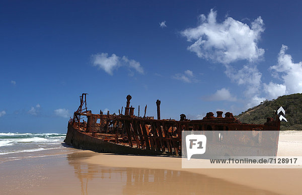 Gittermuster  Gitter  Schiffswrack  Sehenswürdigkeit  Ostküste  Wolke  Strand  Attraktivität  Küste  Wasserwelle  Welle  Meer  Schiff  gestrandet  Einsamkeit  Ruine  Rost  Australien  Fraser Island  Queensland  Tourismus
