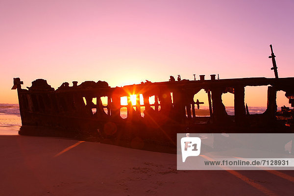 Gittermuster Gitter Schiffswrack Sehenswürdigkeit Ostküste Wolke Strand Attraktivität Küste Wasserwelle Welle Sonnenaufgang Meer Schiff gestrandet Einsamkeit Gegenlicht Ruine Rost Australien Abenddämmerung Fraser Island Queensland Sonne Tourismus Dämmerung