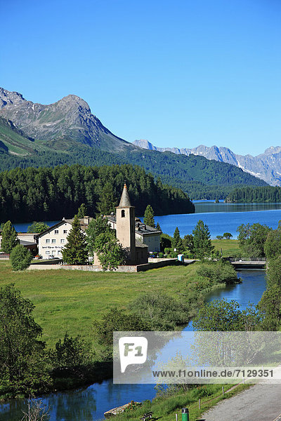 Travel  Nature  Geography  Europe  Switzerland  Graubunden  Grisons  Engadin  Sils  Sils-Baselgia  Swiss Alps  Mountain  Village  Eglise  Church  River  Landscape  Tranquil  Rural  Scenic  Outdoor  No People  nobody  Vertical