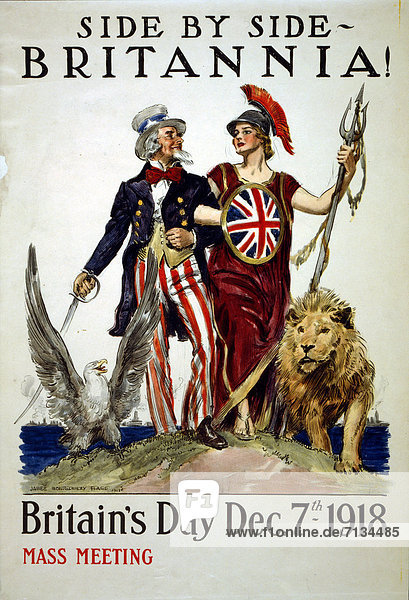 World War I  American  propaganda  poster  Uncle Sam  Britannia  lion  eagle  together  united  allied  USA  1918