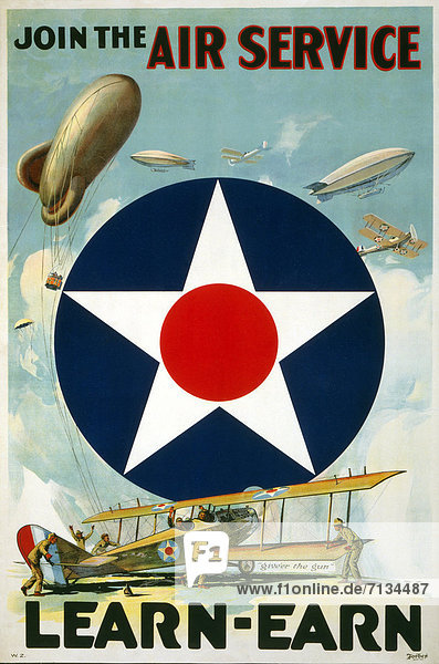 World War I  American  recruitment  poster  soldiers  airplanes  and airships  balloon  star  insignia  USA  1917