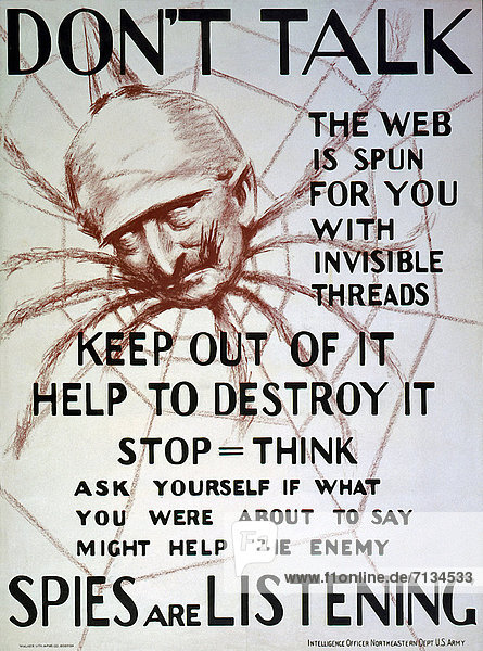 USA  World War I  American  propaganda  poster  Kaiser  Wilhelm II  1  spider  Don't talk  web i  spies  listening  warning  1918