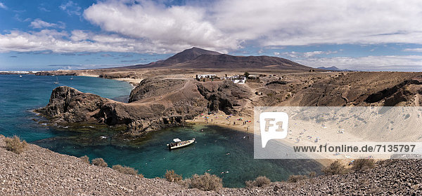 Spain  Lanzarote  Playa Blanca  Playa del Papagayo  landscape  water  summer  beach  sea  people  ships  boat  Canary Islands