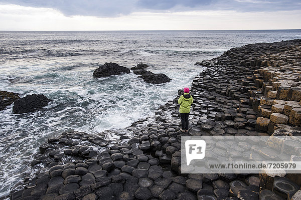 Young woman looking towards the sea  basalt rocks  Giant Causeway  Coleraine  Northern Ireland  United Kingdom  Europe
