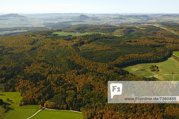 Wald und Felder mit Hohenstoffeln und Hohenhewen  Hegau  Baden-Württemberg  Deutschland  Europa