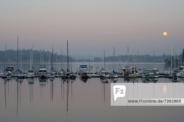Boats reflect on the Puget Sound waters of Quartermaster at the Burton Marina  Vashon Island  Washington State  United States of America  North America