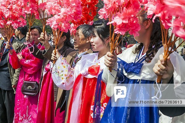 Women in traditional dress during street celebrations on the 100th anniversary of the birth of President Kim Il Sung  April 15th 2012  Pyongyang  Democratic People's Republic of Korea (DPRK)  North Korea  Asia