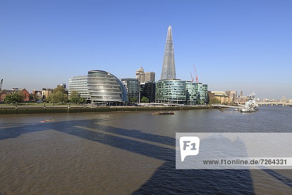 South Bank with City Hall  Shard London Bridge and More London buildings with the shadow of Tower Bridge in the foreground  London  England  United Kingdom  Europe