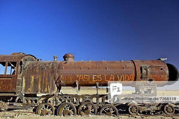 Rusting old steam locomotive at the Train cemetery (train graveyard)  Uyuni  Southwest  Bolivia  South America