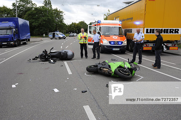 Traffic accident caused by a motorcyclist who was driving under the influence of alcohol  Stuttgart  Baden-Wuerttemberg  Germany  Europe