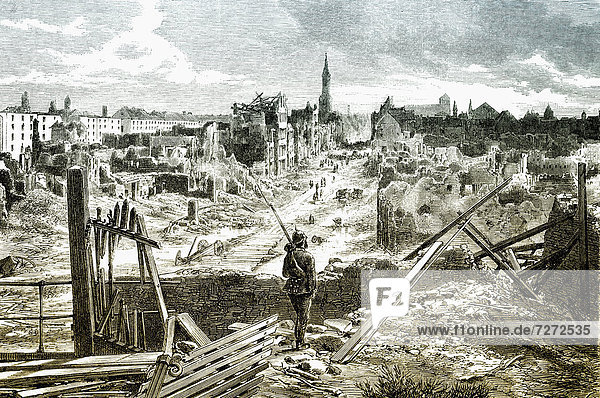 The ruined city of Strasbourg  Alsace  France  after the German siege on 28 September 1870  historical scene from the Franco-Prussian War or Franco-German War  1870-1871  between the French Empire and the Kingdom of Prussia