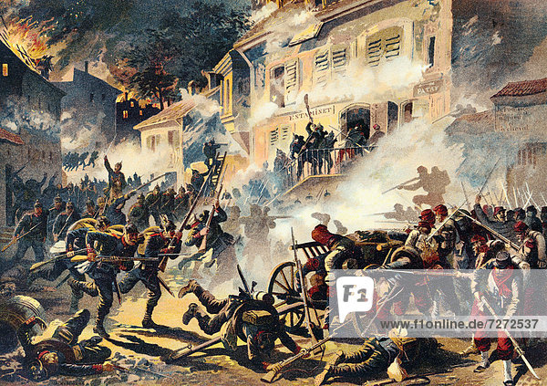 Historical drawing  Battle of Ch‚teaudun on 18 October 1870  Franco-Prussian War or Franco-German War  1870-1871  between the French Empire and the Kingdom of Prussia