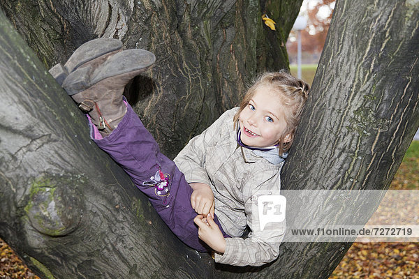 Sechsjähriges Mädchen sitzt auf einem Baum