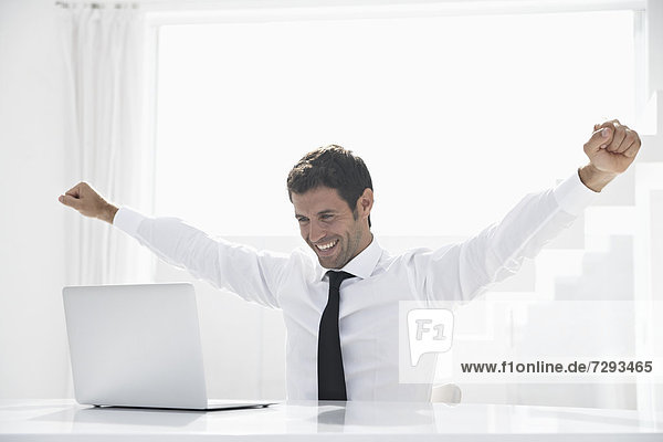 Spain  Businessman excited while looking laptop  smiling