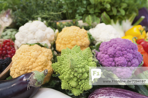 Nahaufnahme von verschiedenen Gemüsen und Früchten