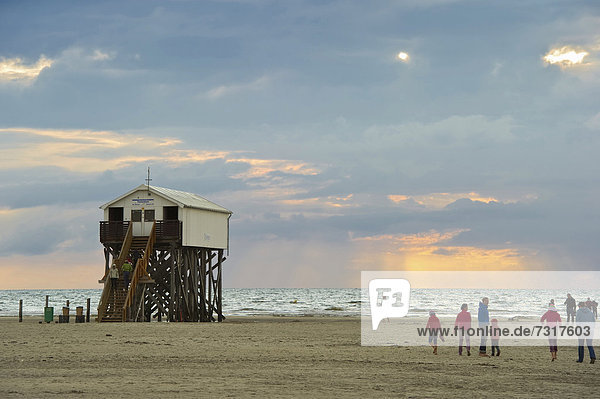 House on stilts on the beach of St. Peter-Ording  North Frisia  Schleswig-Holstein  Germany  Europe