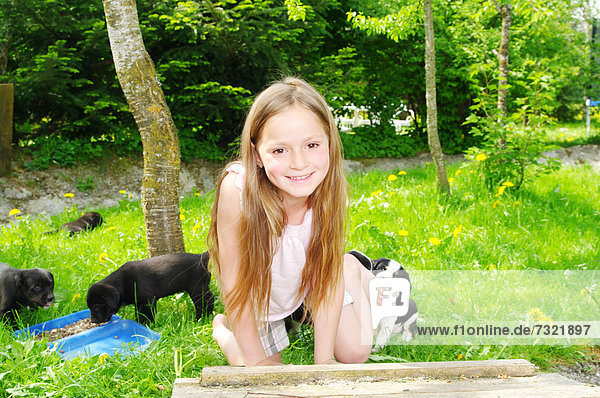 Girl playing outside with young dogs