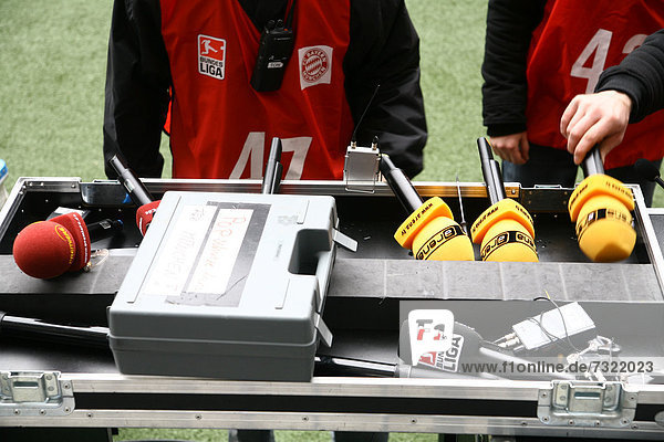 Microphones from various TV stations at the Allianz Arena football stadium  Munich  Bavaria  Germany  Europe