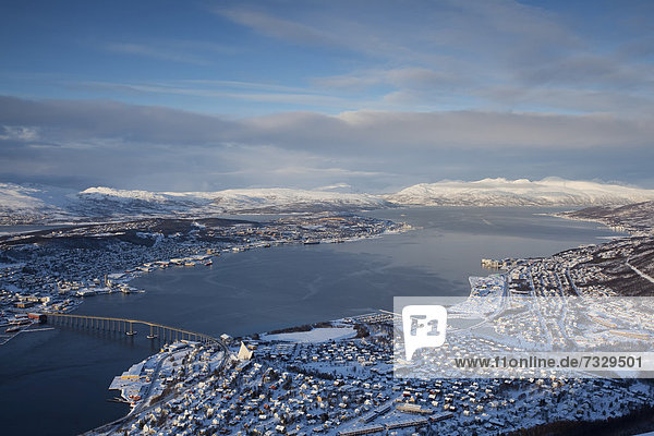 Tromso as seen from Fjellheisen aerial tramway in winter  Tromso  Norway  Europe