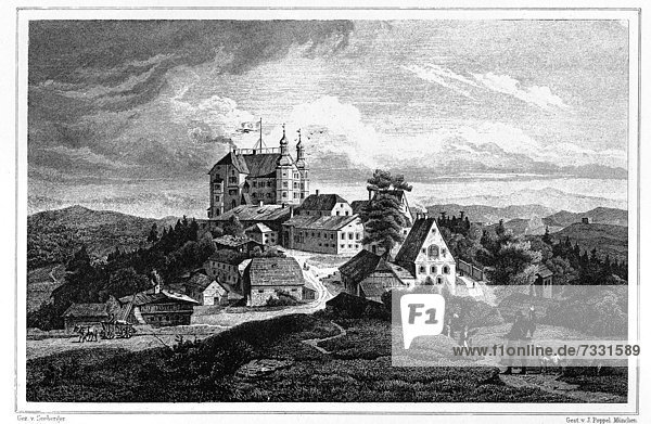 'Engelburg  Niederbayern  gezeichnet von Seeberger  gestochen von J.G. Poppel  Stahlstich aus ''Das Königreich Bayern''  1840 - 1854'