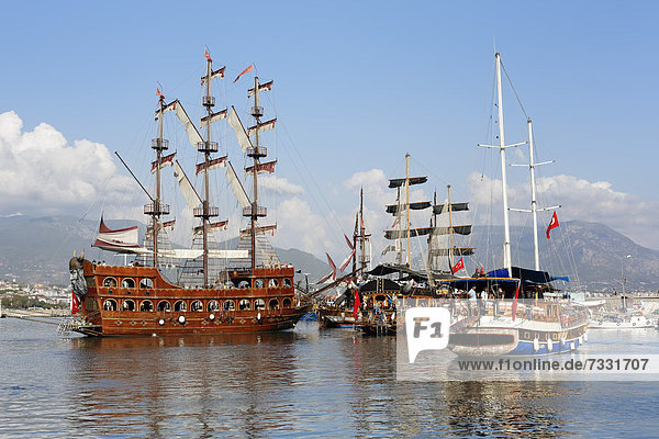 Excursion boats  pirate ships  three-master at the port of Alanya  Antalya  Turkish Riviera  Turkey  Asia