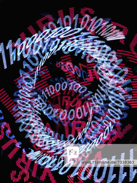 Spiralen aus blauem Binärcode und das Wort VIRUS mehrfach in rot wiederholt