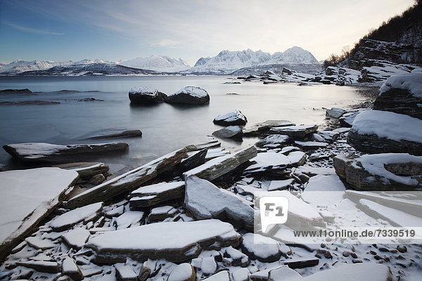 Ullsfjord bei Oldervik im Winter  Tromsö  Norwegen  Europa