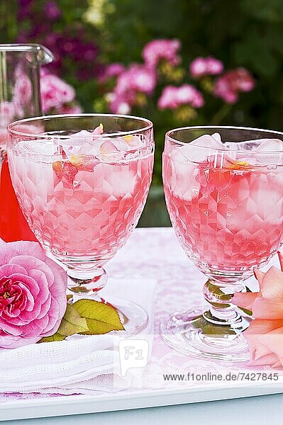 Rosensirup mit Eiswürfeln in zwei Gläsern und Rosenblüten auf einem Tablett