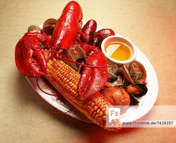 Seafood Platter with Lobster  Corn on the Cob  Clams and Mussels