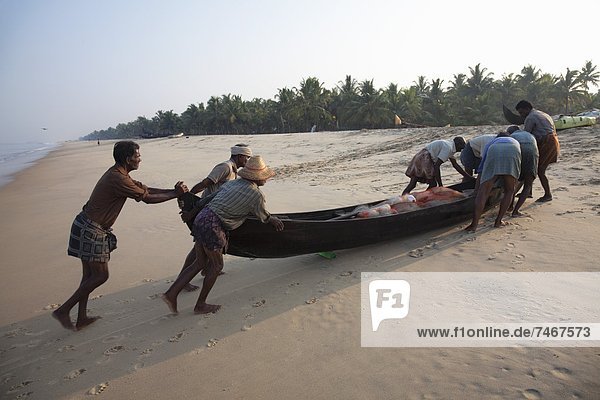 hoch oben schieben Tradition Strand fangen Boot Fischer Asien Indien Kerala