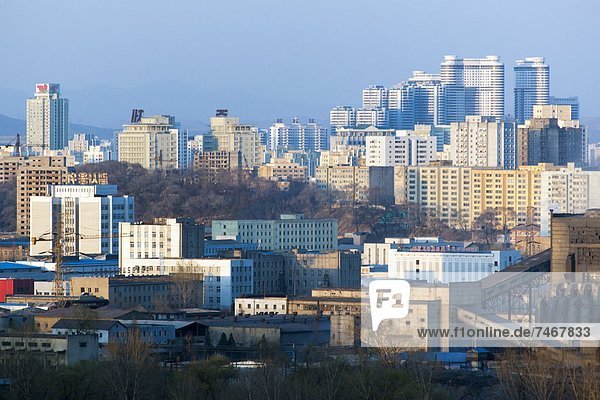 Skyline Skylines über Großstadt Demokratie Ansicht Erhöhte Ansicht Aufsicht heben Korea Asien Nordkorea