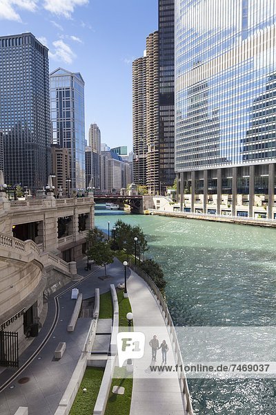 Glass towers along the Chicago River  Chicago  Illinois  United States of America  North America