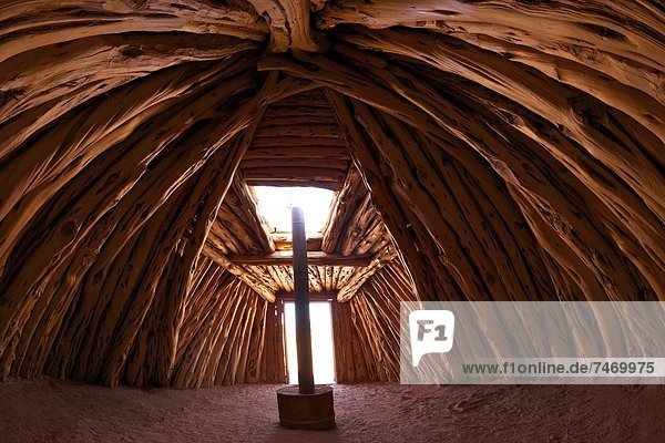 Interior of Navajo hogan  traditional dwelling and ceremonial structure  Monument Valley Navajo Tribal Park  Utah  United States of America  North America