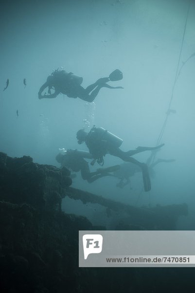 Scuba divers wreck diving  Southern Thailand  Andaman Sea  Indian Ocean  Southeast Asia  Asia