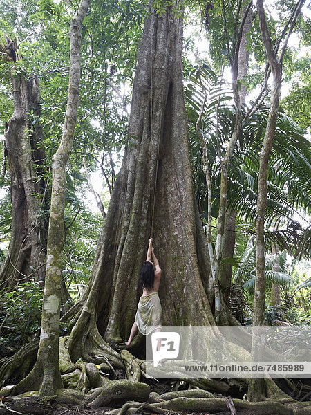 Mittelamerika  Costa Rica  Frau posiert am Kapokbaum im Regenwald