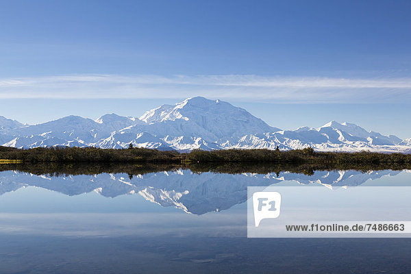 USA  Alaska  Blick auf Mount Mckinley und Spiegelung des Teiches im Denali Nationalpark