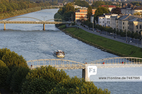 Austria  Salzburg  View of Salzach River  Mozartsteg Bridge and Karolinenbrucke Bridge