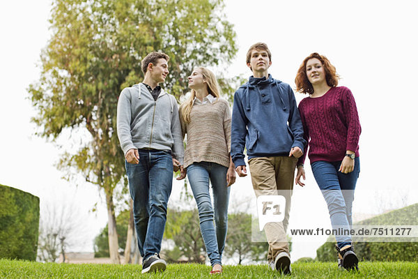 Teenage friends walking together in park