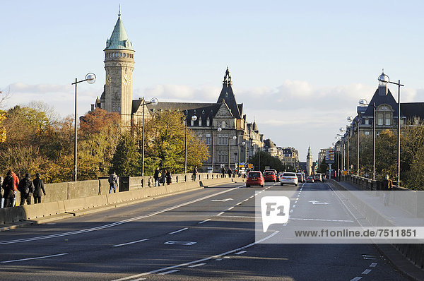 Road over the Adolphe Bridge towards the building of the Staatssparkasse  State Savings Bank  Luxembourg  Europe  PublicGround