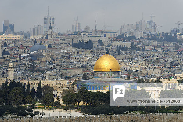 Jerusalem Hauptstadt Kuppel Felsbrocken Großstadt Ansicht Berg Olive Naher Osten Asien Kuppelgewölbe Israel alt