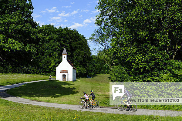 Vater und Kinder beim Radfahren  Mountainbiken  an der Kapelle St. Ulrich  Mühltal  Pupplinger Au  bei Wolfratshausen  Oberbayern  Bayern  Deutschland  Europa