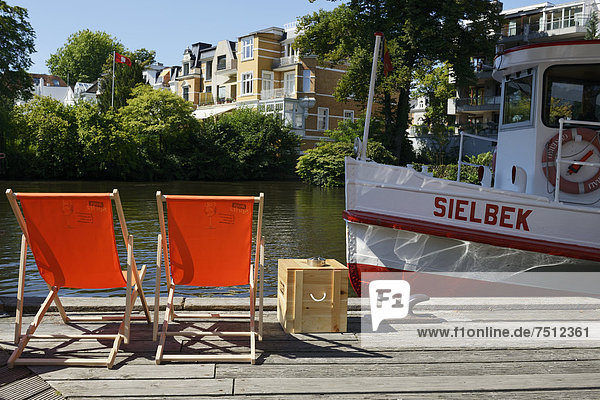 Deck chairs at the Muehlenkamp pier  ??Alster river steamer on Osterbekkanal canal