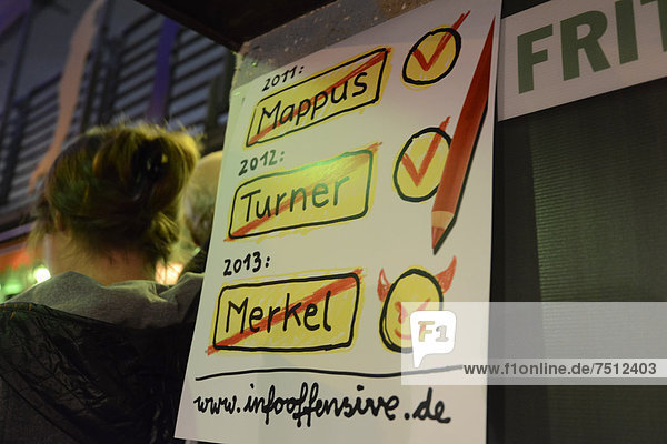 'Poster with names crossed out ''2011 Mappus  2012 Turner  2013 Merkel''  Stuttgart  Baden-Wuerttemberg  Germany  Europe'