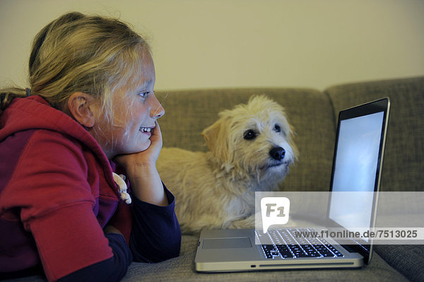 Girl with a dog at the computer on the sofa