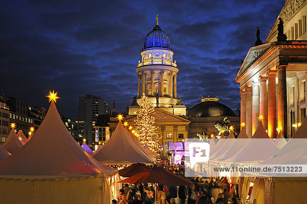 '''Winter Magic at the Gendarmenmarkt''  Christmas market at Gendarmenmarkt square  German Cathedral  in the evening  Berlin Mitte  Germany  Europe'