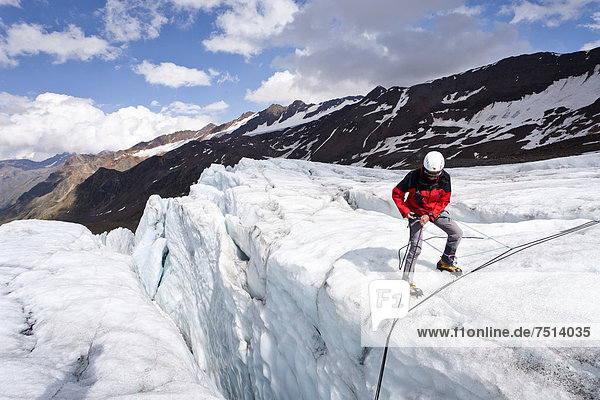 Alpinist at a crevasse rescue on Zufallferner glacier in the Martelltal valley  province of Bolzano-Bozen  Italy  Europe