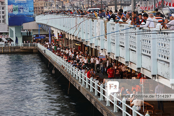 Anglers and restaurants on the Galata Bridge  Golden Horn  Istanbul  Turkey  Europe  PublicGround