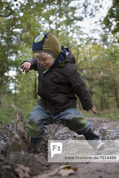 A little boy is jumping with joy into a muddy puddle during an autumn walk  Brandenburg  Germany  Europe